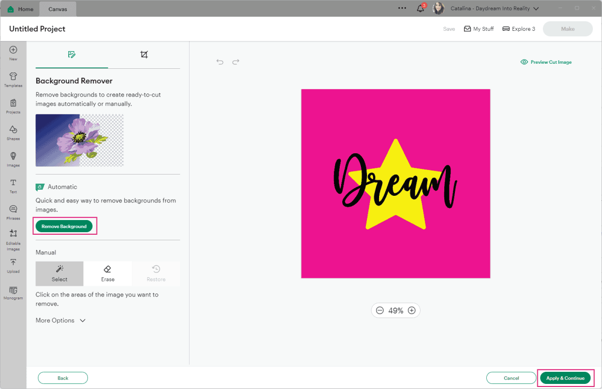 Remove background in cricut design space.