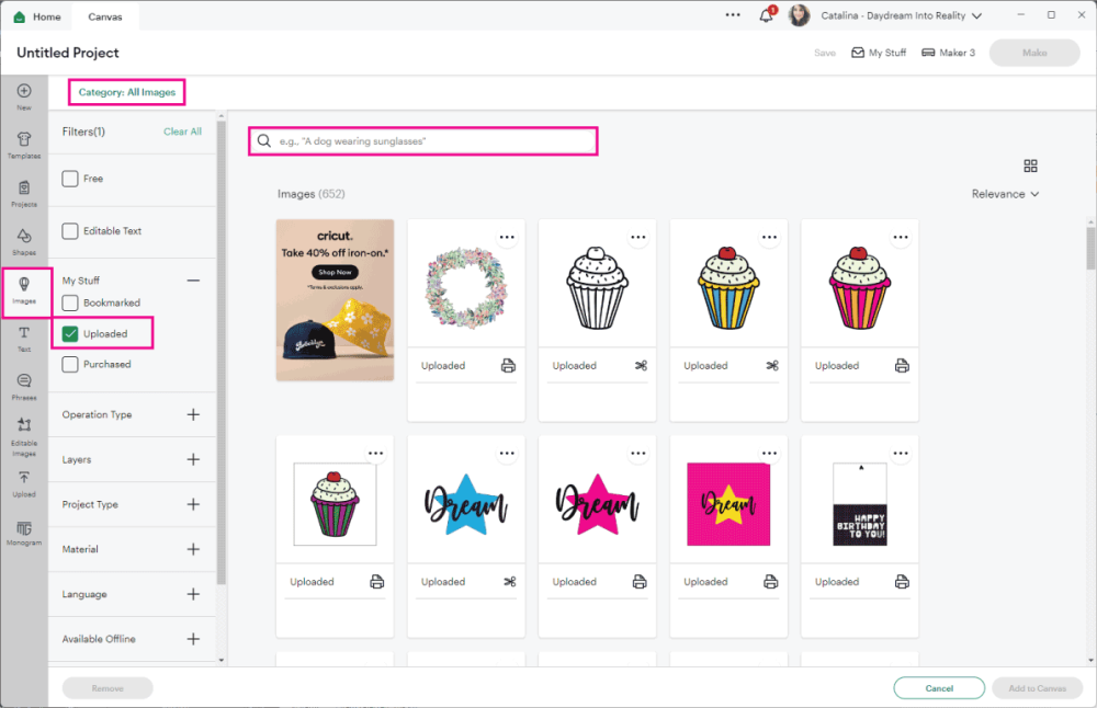 Find and Uploaded Images in Design Space