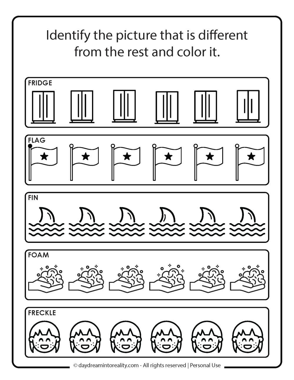 Letter F Free Printable. Find the different object activity.