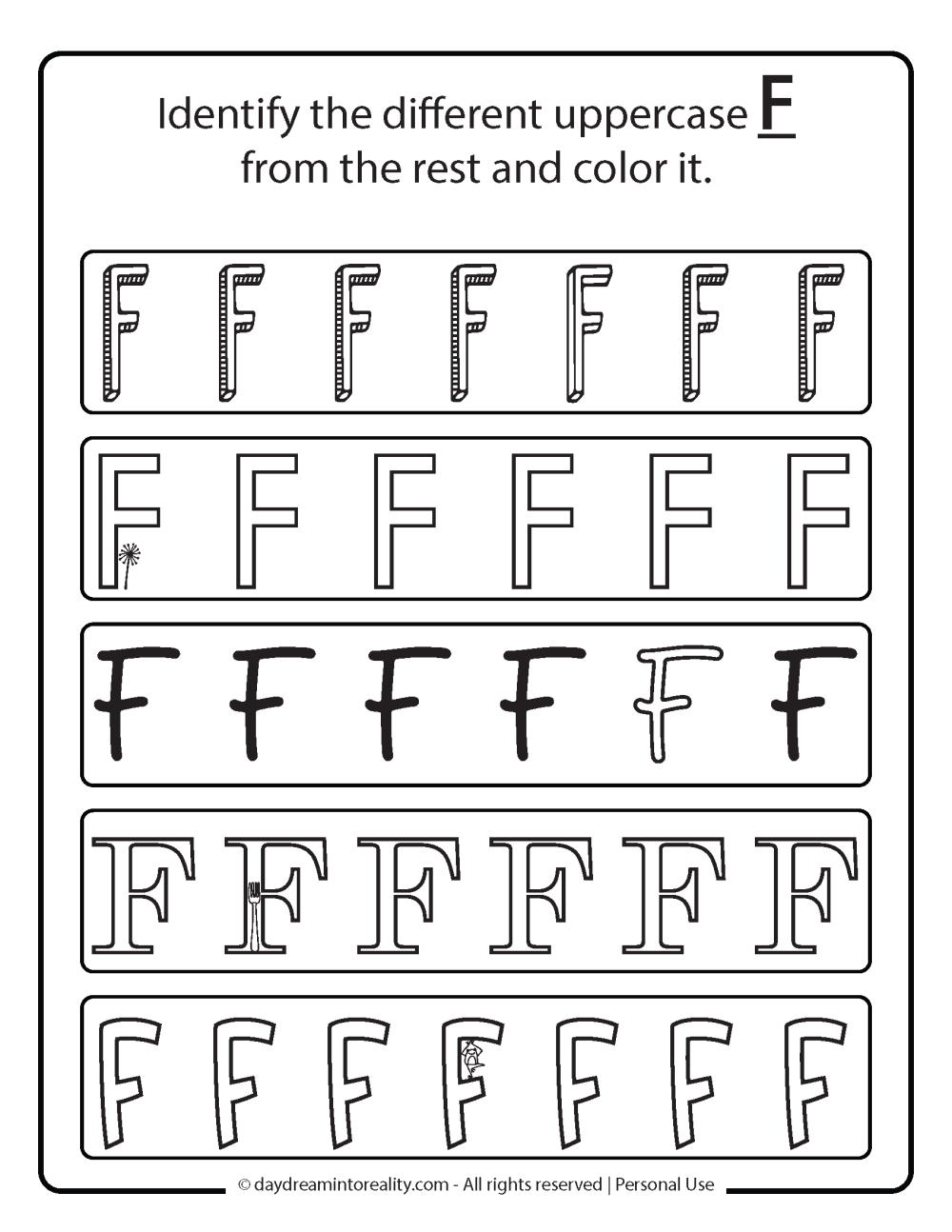 Letter F Free Printable. Find the different uppercase F.