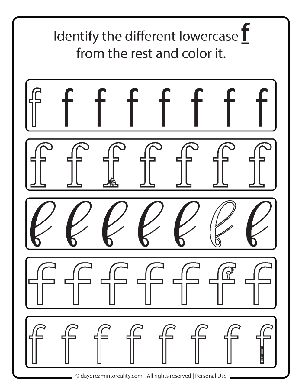 Letter F Free Printable. Find the different lowercase f.