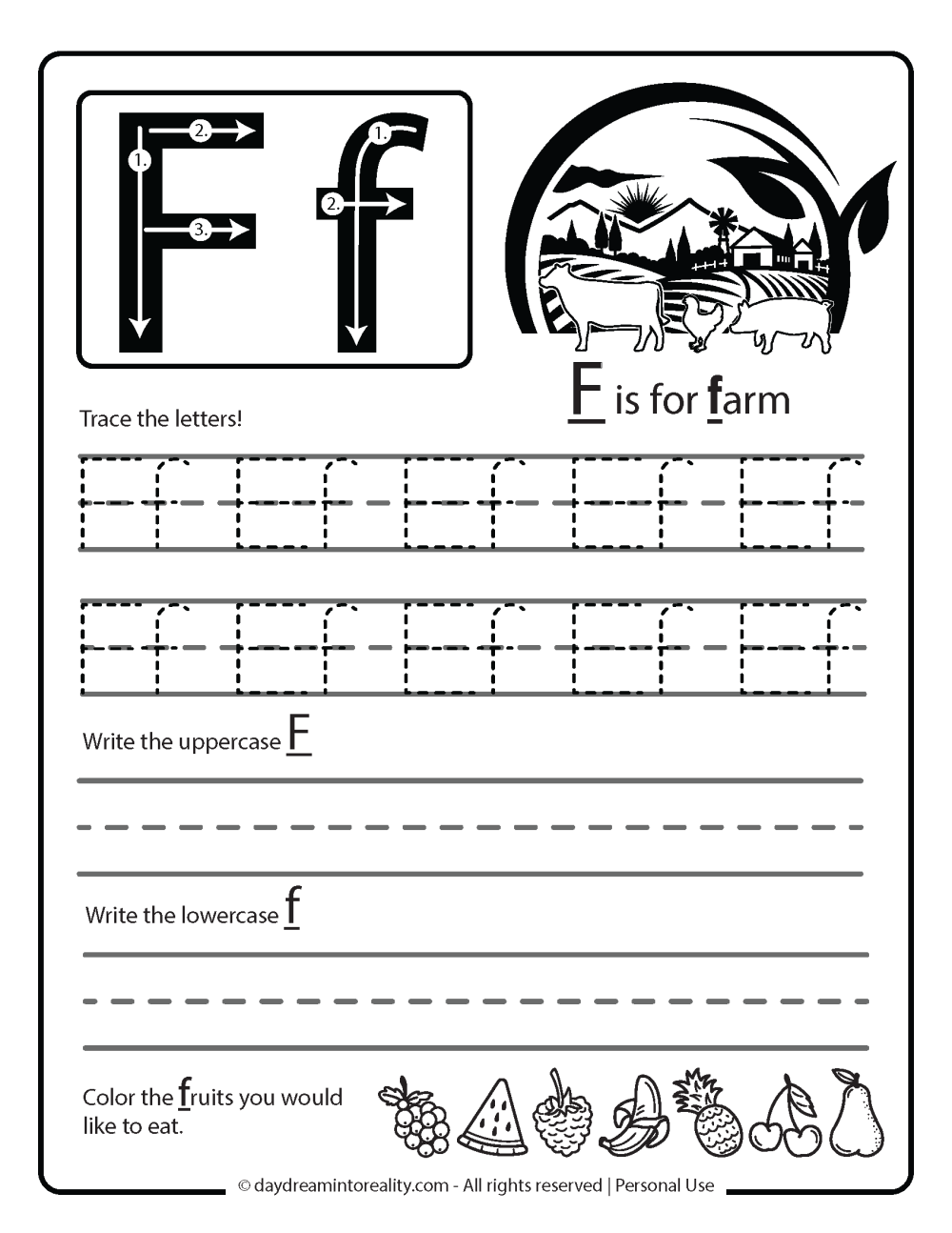 Letter F Free Printable. F is for Farm worksheet.