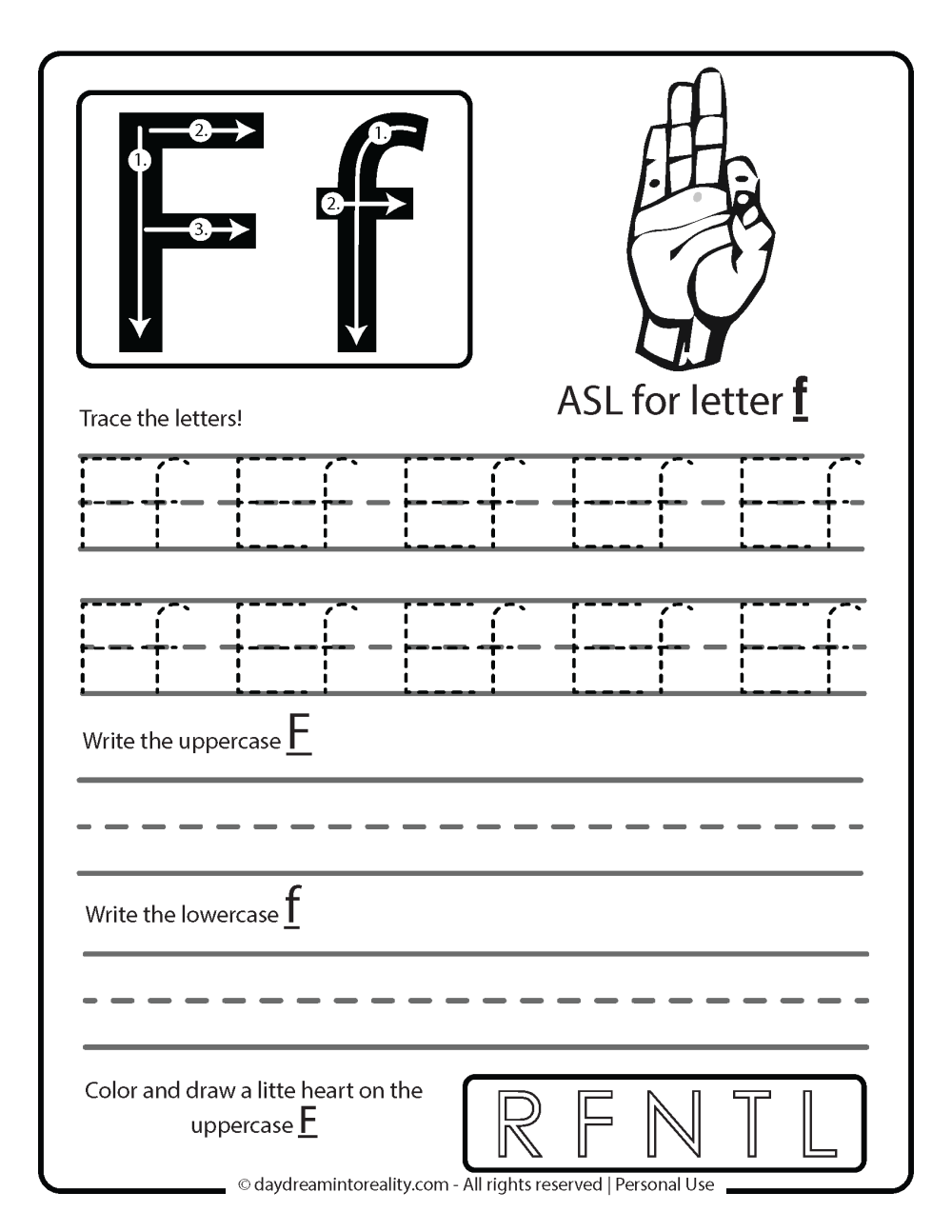 ASL Worksheet for Letter F Free Printable