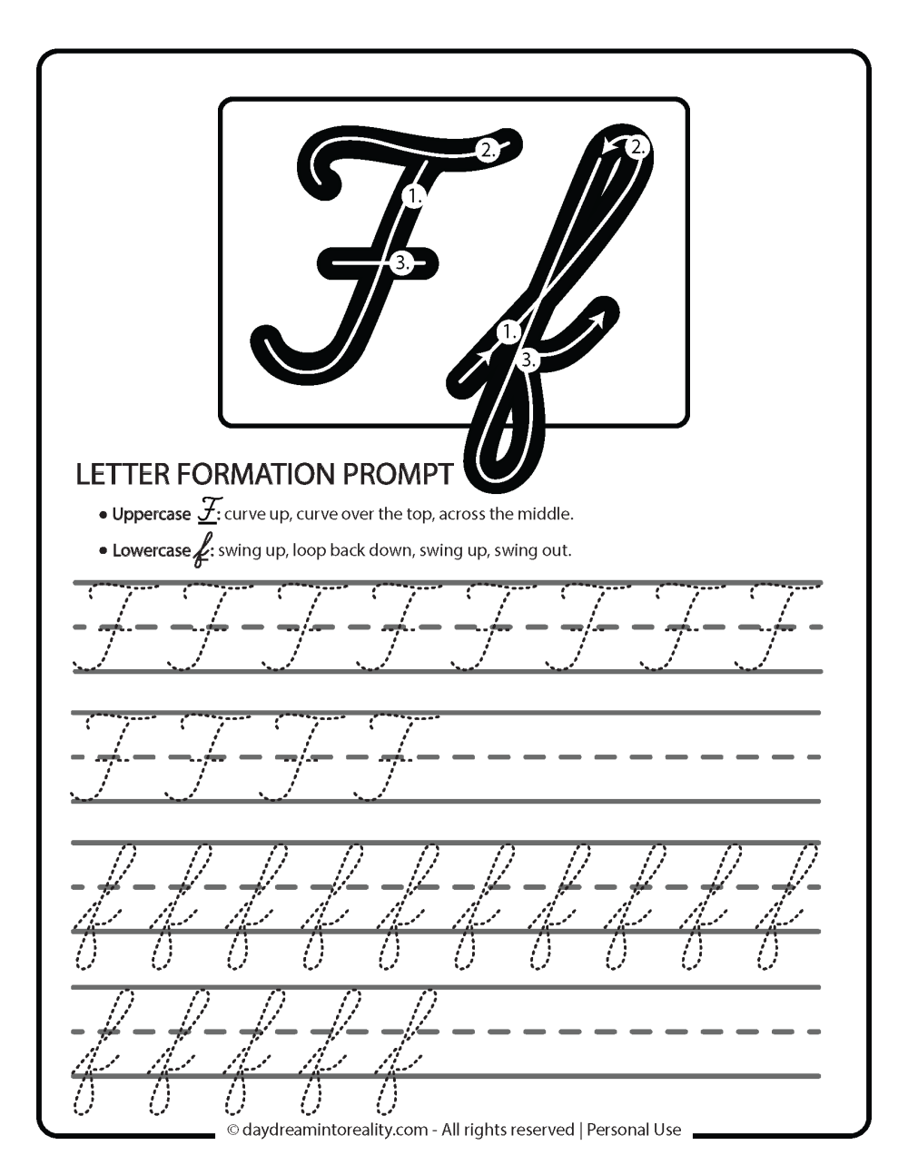 Cursive worksheet Letter F Free Printable