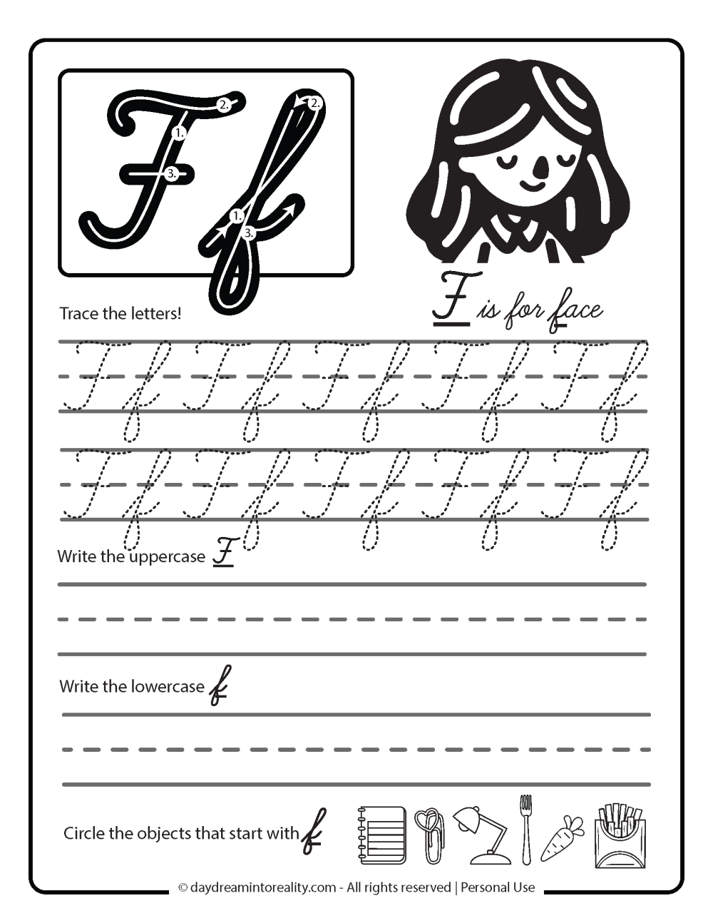 F is for face worksheet cursive Letter F Free Printable