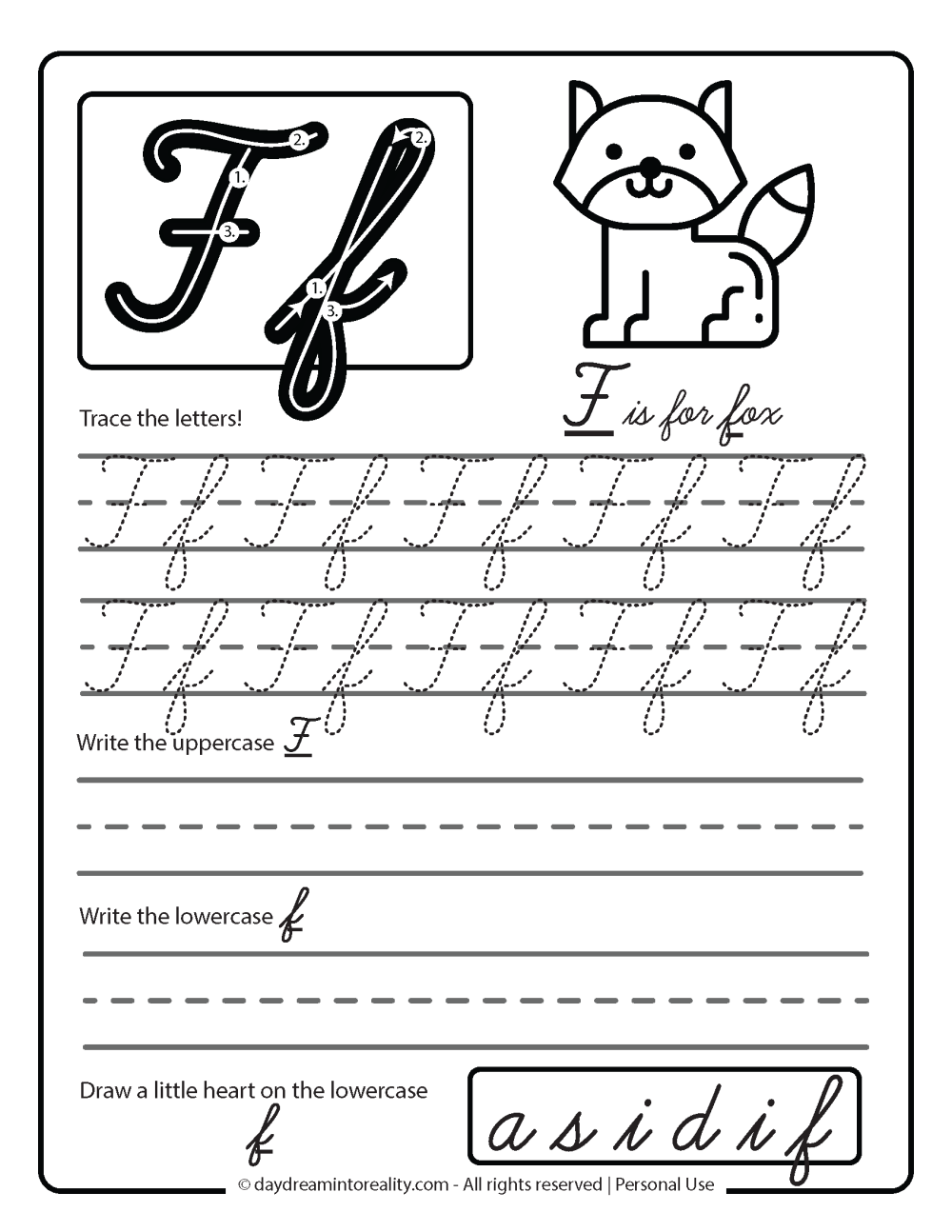 F is for fox worksheet cursive Letter F Free Printable