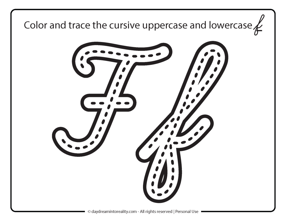 Cursive Letter F Coloring and tracing worksheet and Free Printable
