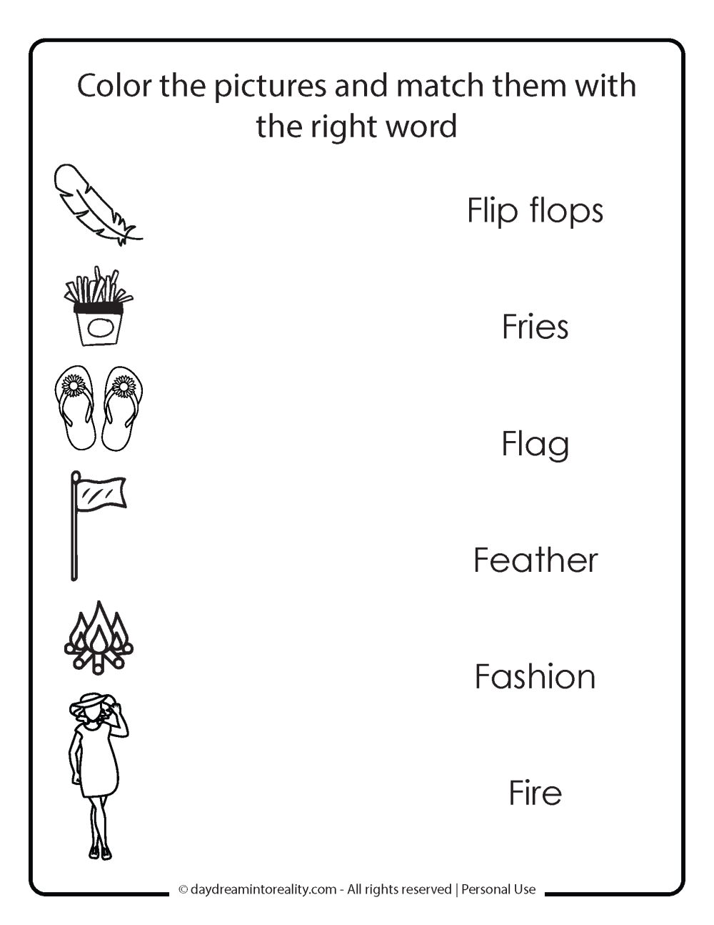 Match the words that start with the Letter F to the right picture Free Printable.