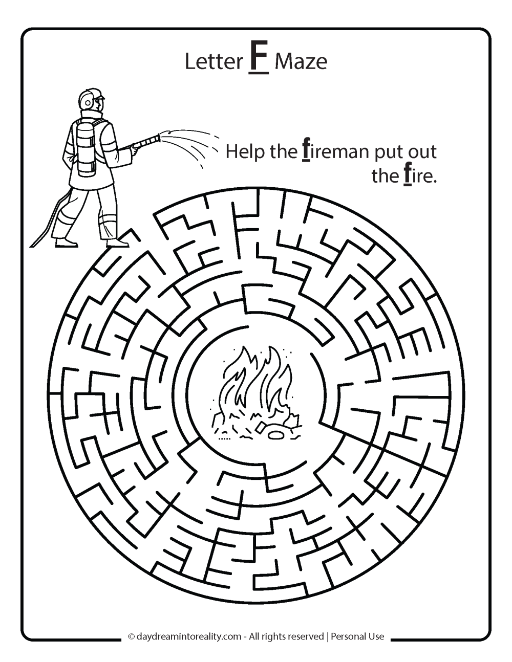Help the fireman put out the fire Maze Free Printable