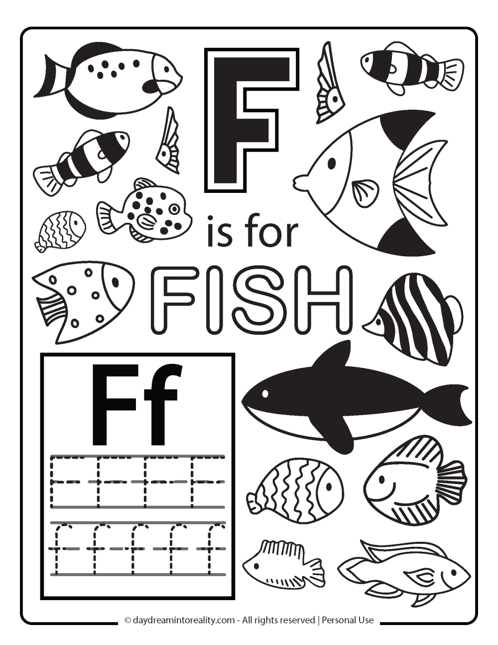 F is for fish coloring page Free Printable