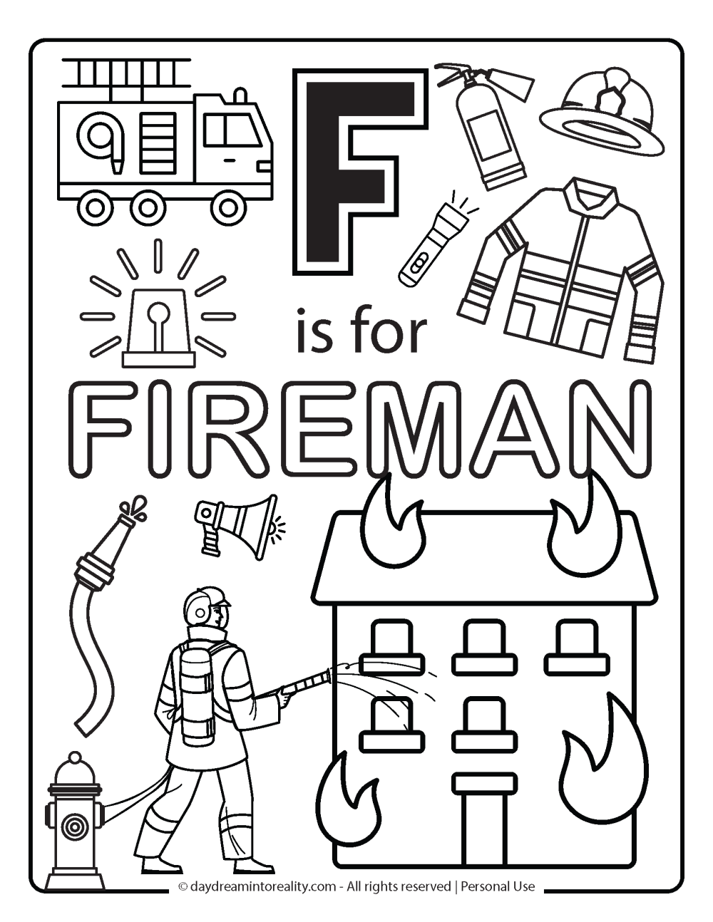 F is for fireman coloring page Free Printable