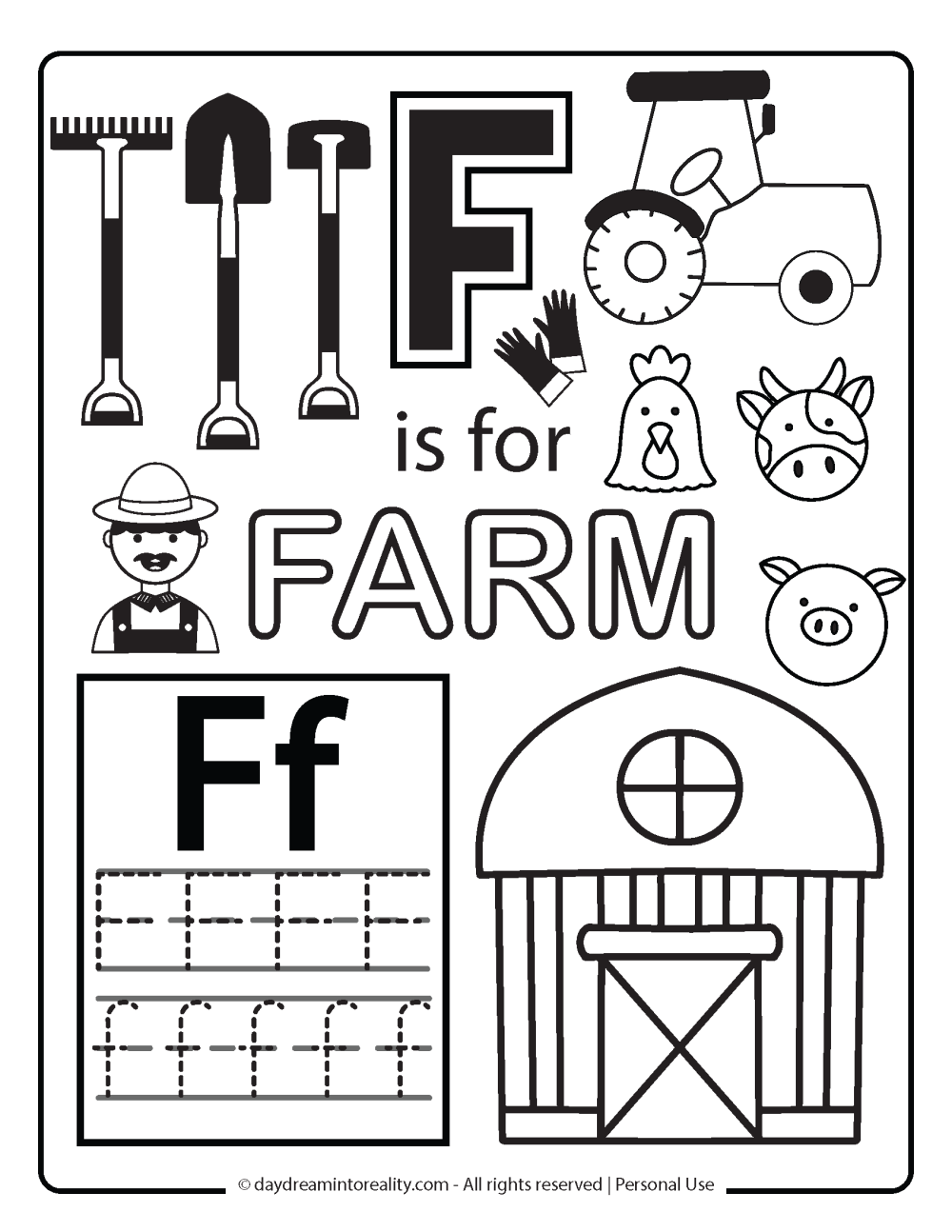 F is for farm coloring page Free Printable