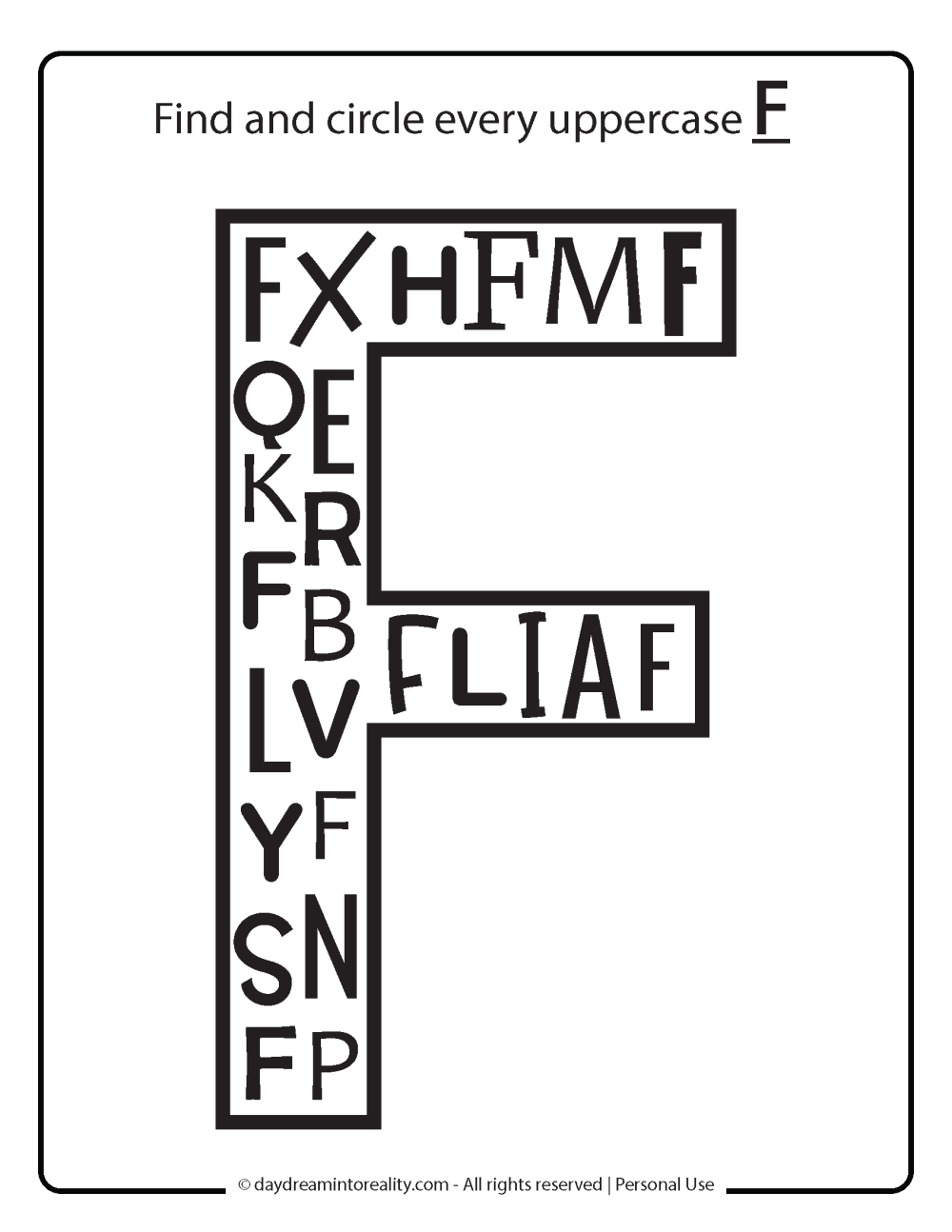 Uppercase Letter F recognition worksheet Free Printable