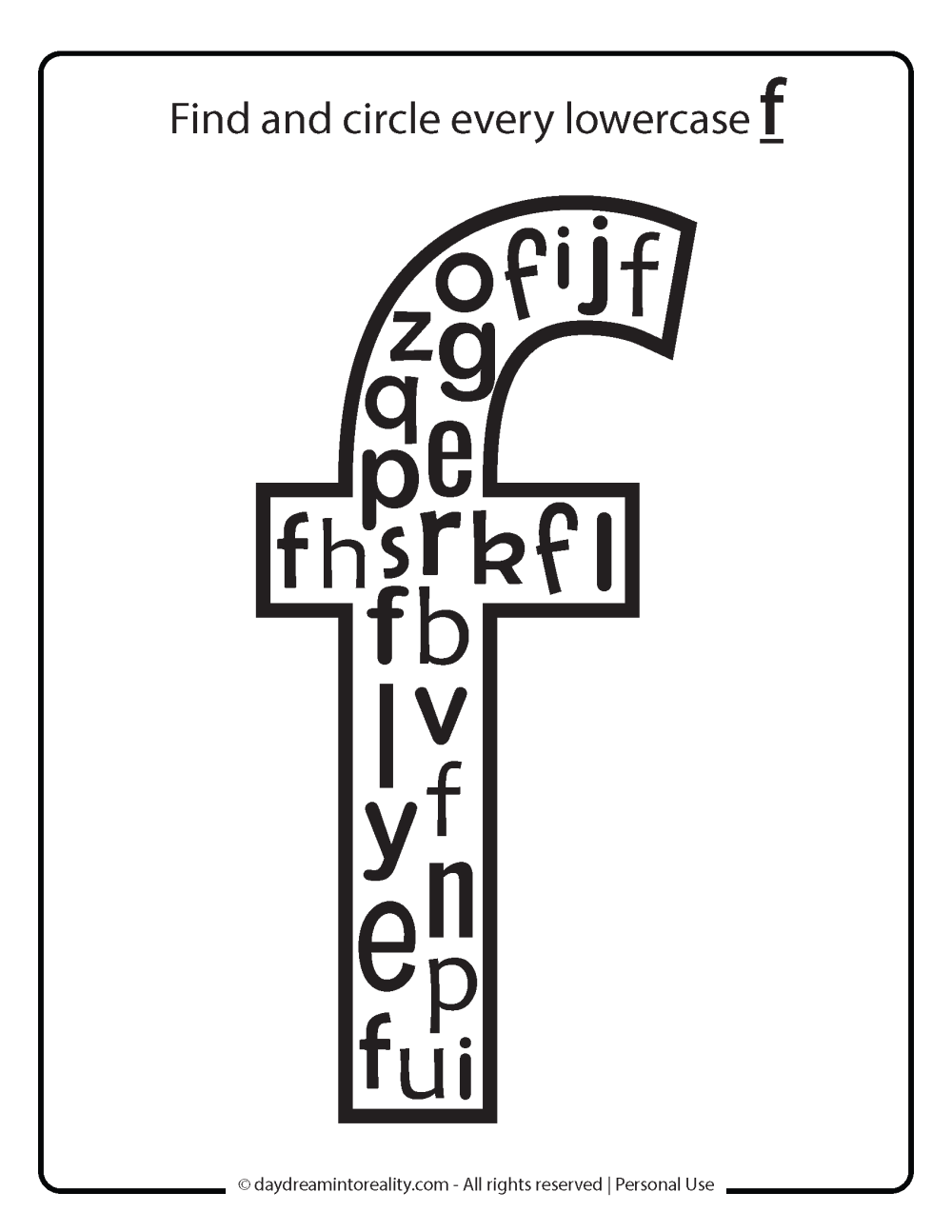 Lowercase Letter F recognition worksheets Free Printable