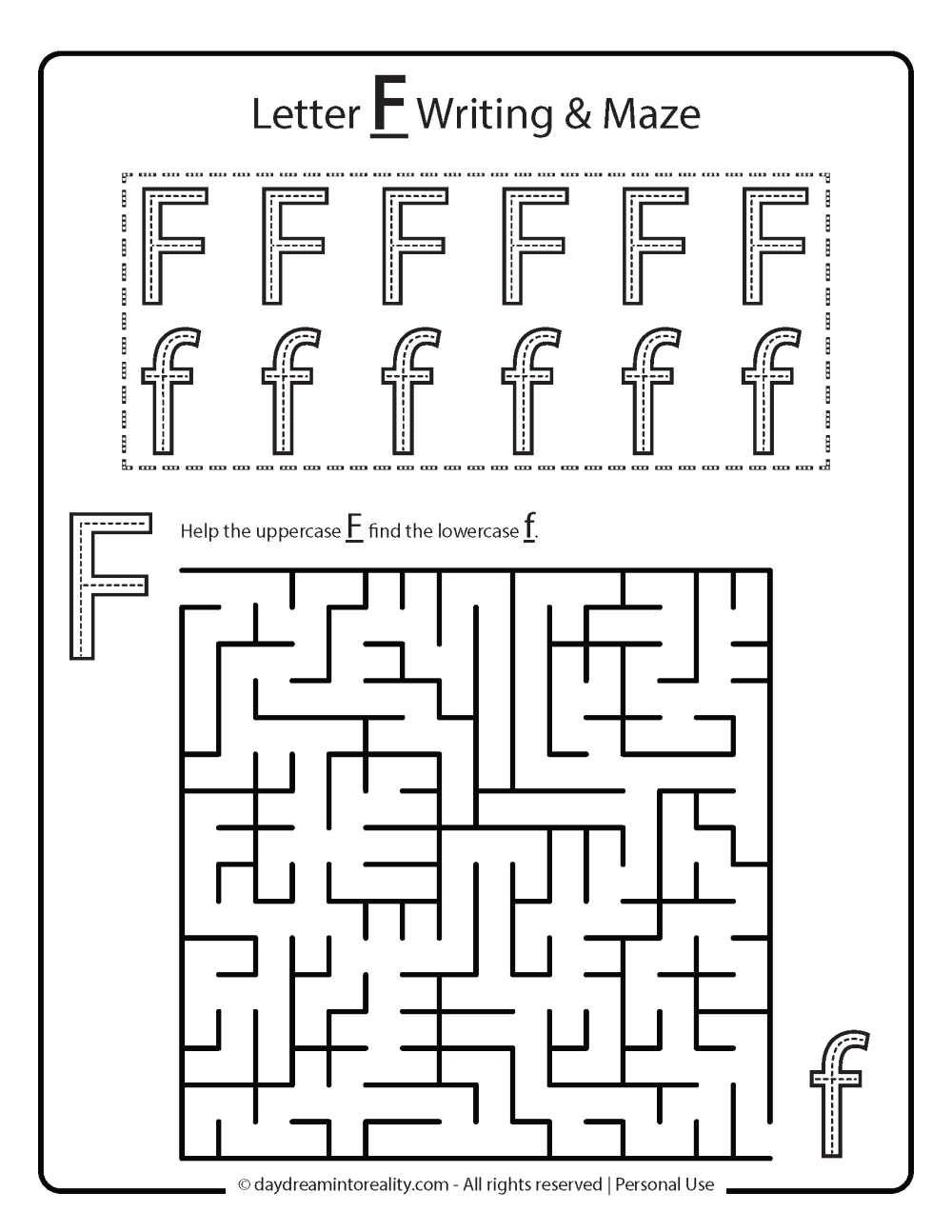 Letter F Maze Free Printable. Letter tracing.