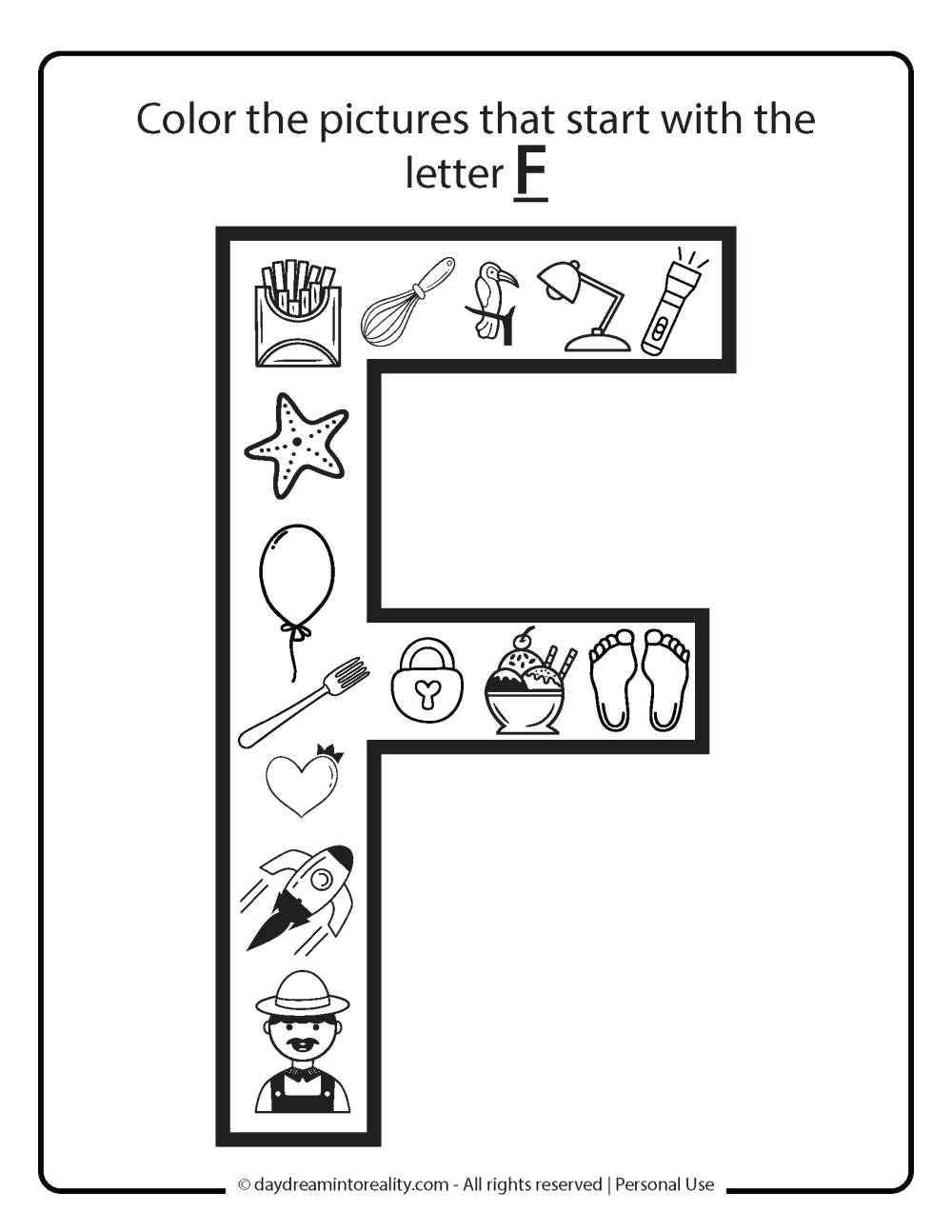 Uppercase F Free Printable. Color pictures that start with f