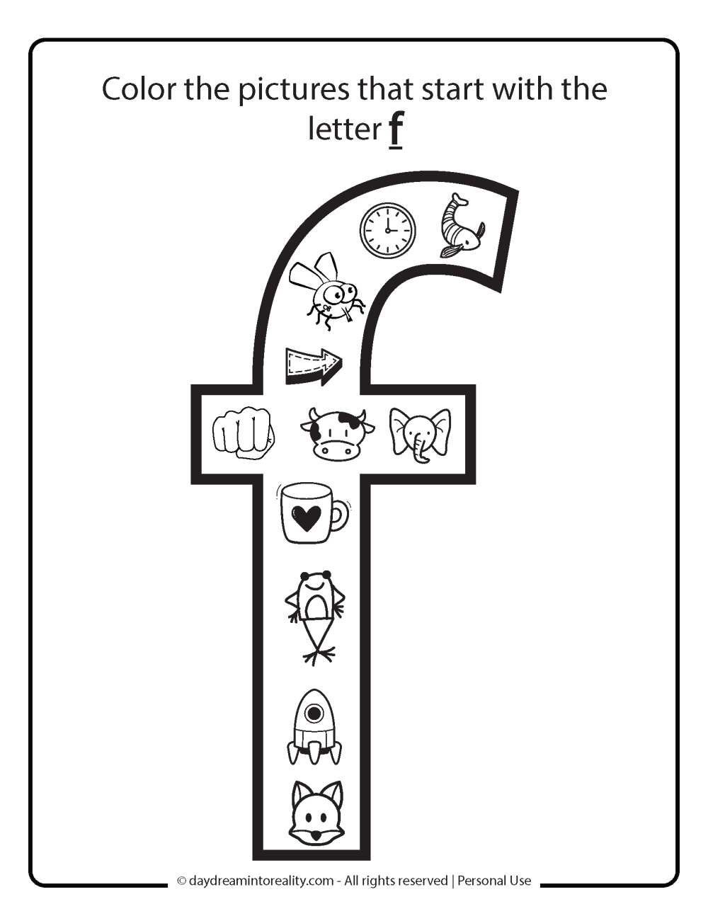 lowercase F Free Printable. Color pictures that start with f.