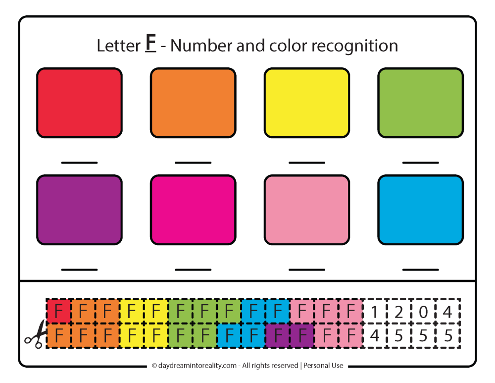Uppercase F color and number recognition Free Printable