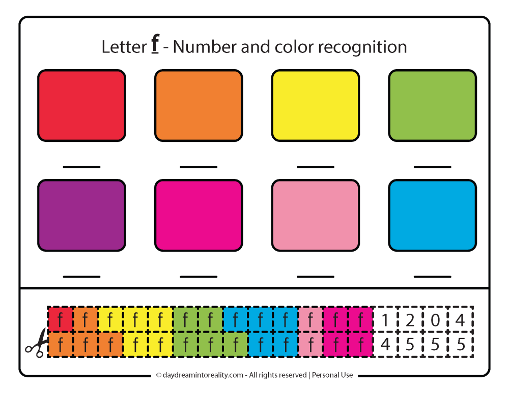 Lowercase f, color and number recognition free Printable