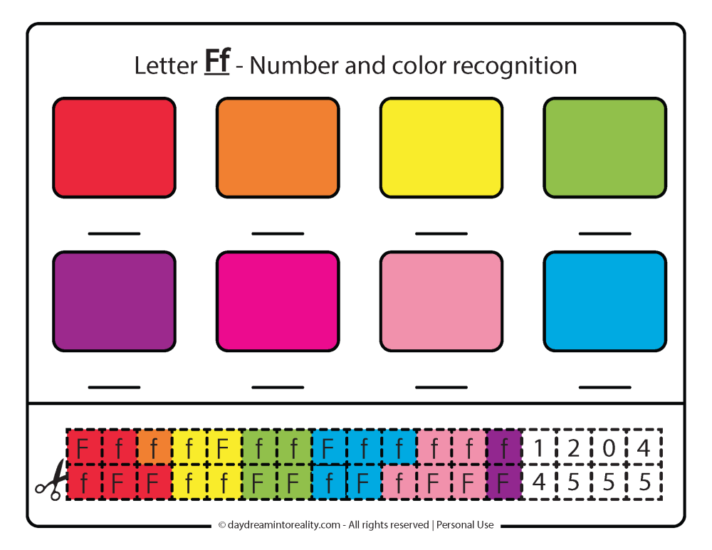 Letter F color and number recognition Free Printable