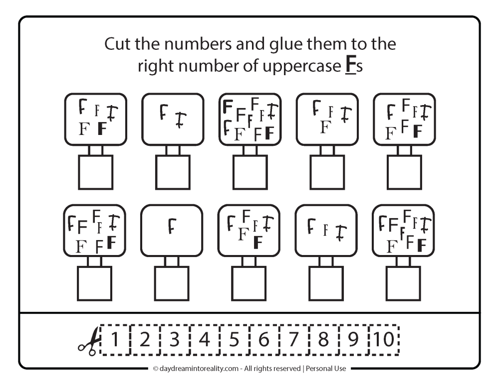 Uppercase F letter and number recognition Free Printable