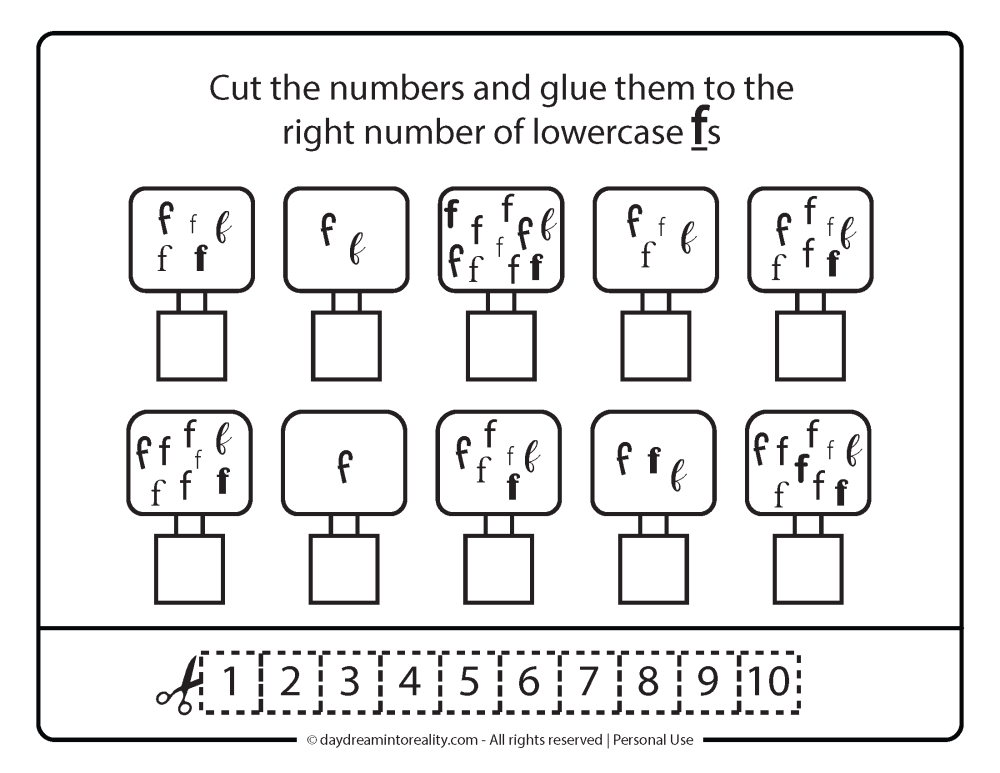 lowercase F and color recognition Free Printable