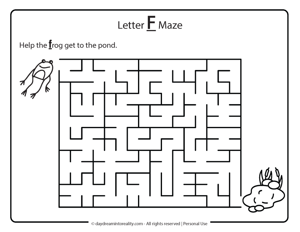 Letter F maze Free Printable - help the frog get to the pond