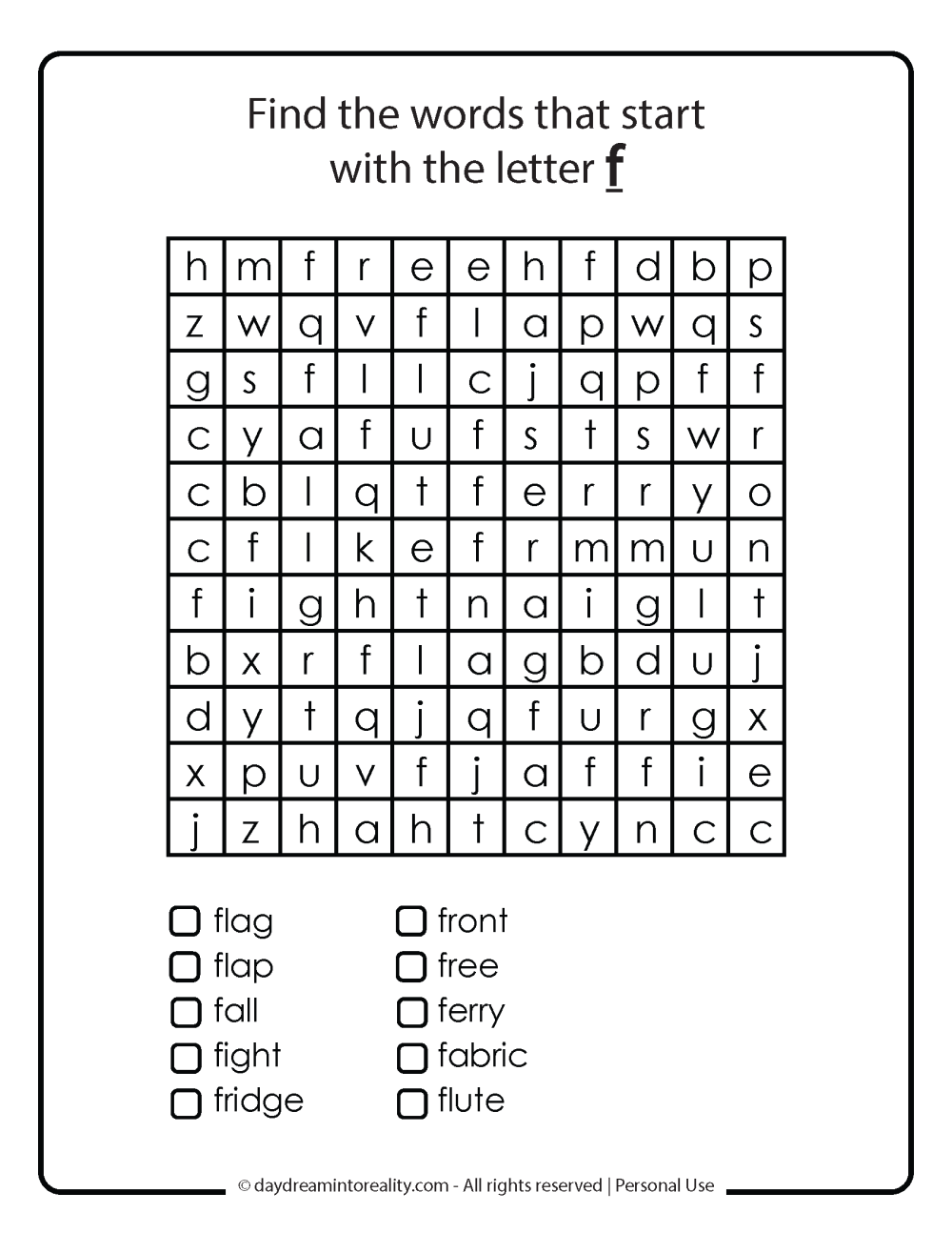 Word search with things that start with the Letter F Free Printable