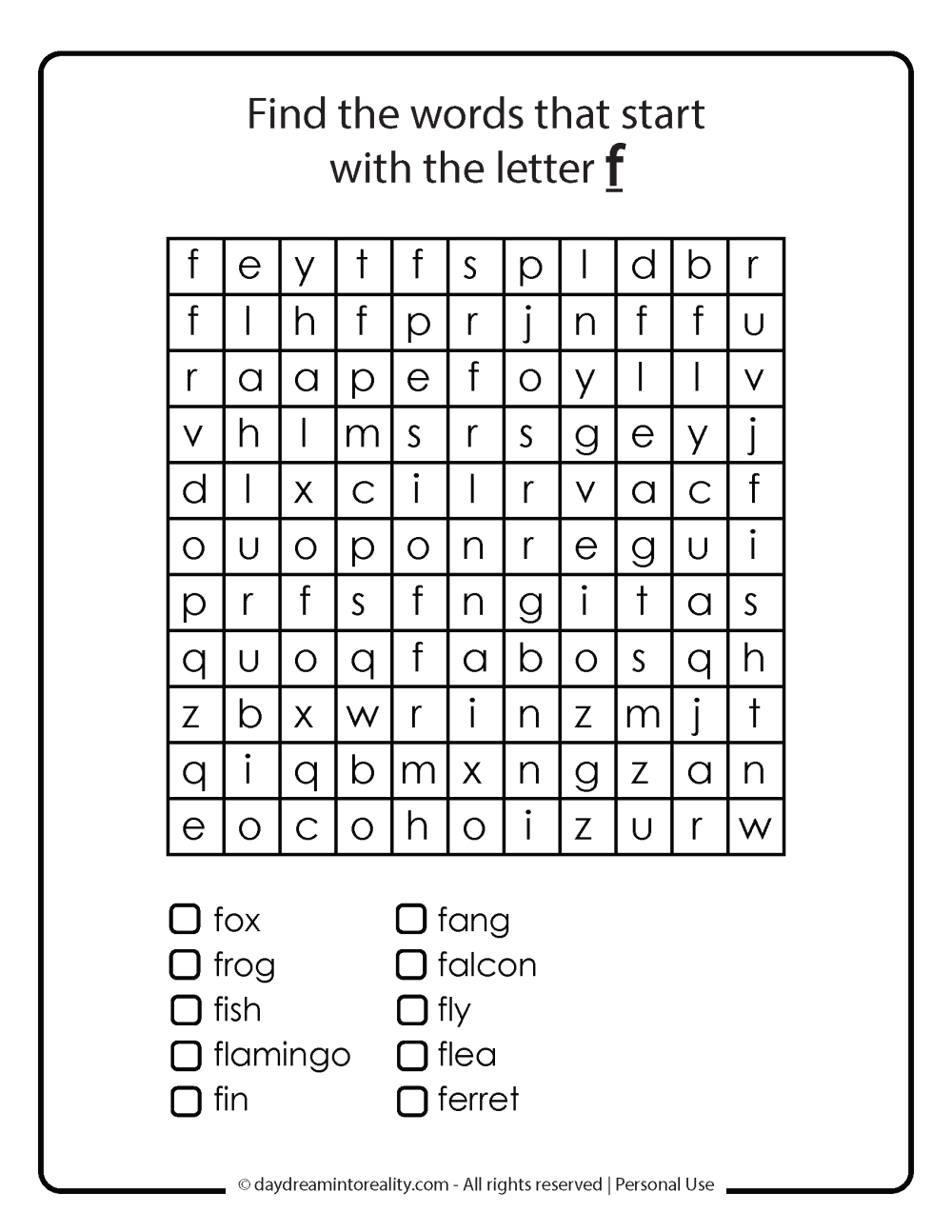 Word search with things that start with the Letter F Free Printable